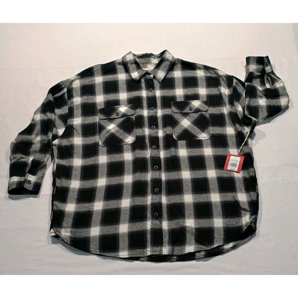 Mossimo Women XXL Oversized Black White Plaid Cotton Flannel Shacket Pockets